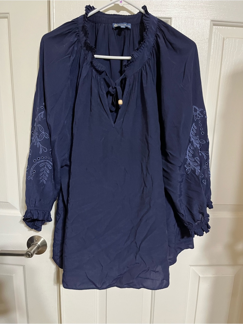 Democracy Navy Embroidered Peasant Tunic